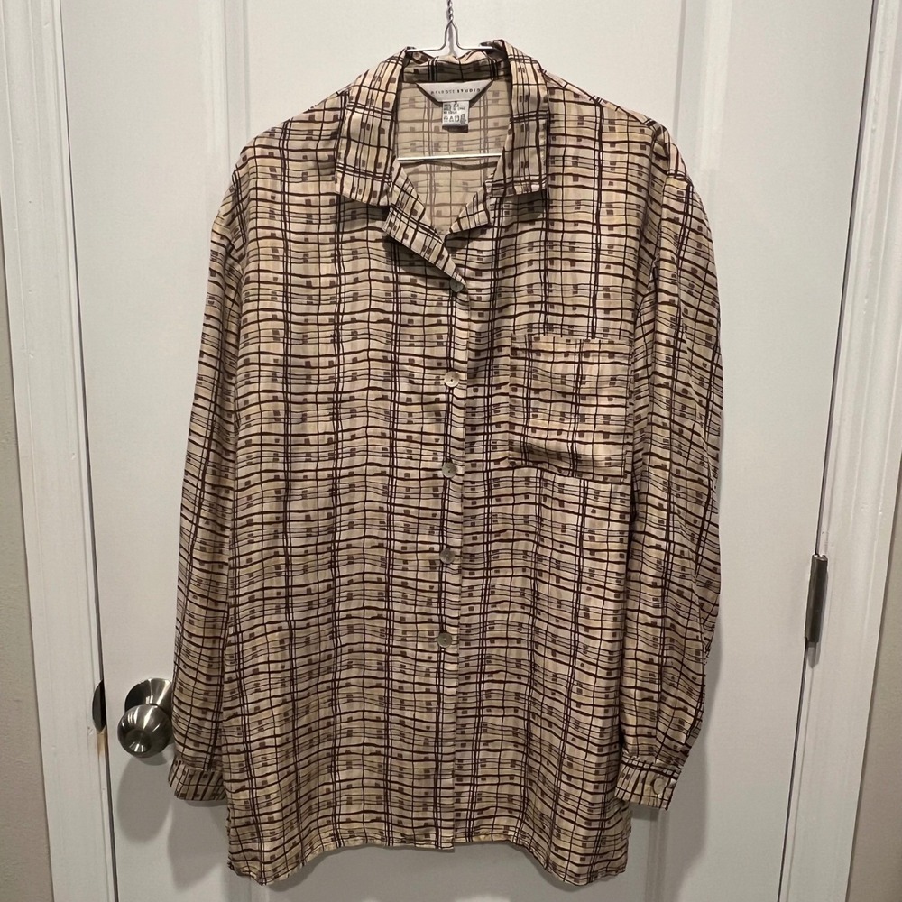 Melrose Studio Womens Button Down Shirt 100% Silk Geometric Tan Brown S